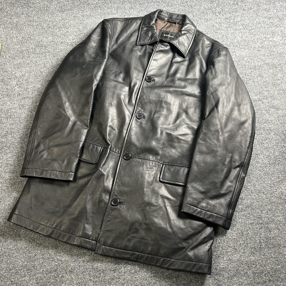 Sarar Coat Mens Medium Black Leather Overcoat Button Front Lined Mid Length